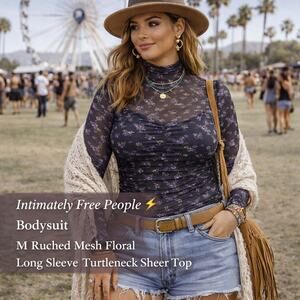 Intimately Free People Bodysuit Ruched Mesh Floral Turtleneck Sheer Long Sleeve